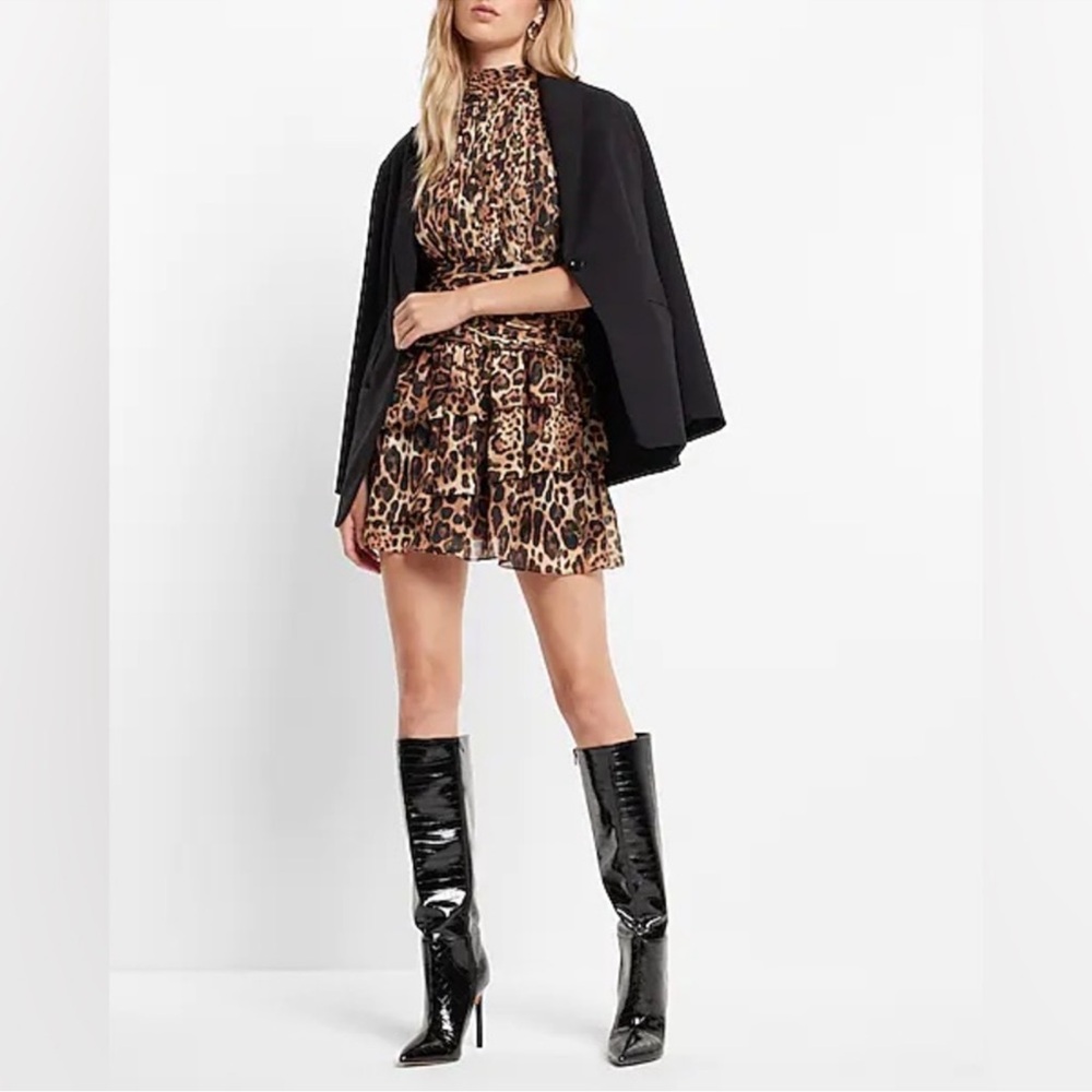 SOLD!! EXPRESS Leopard Print Mock Neck Ruched Waist Tiered Mini Dress